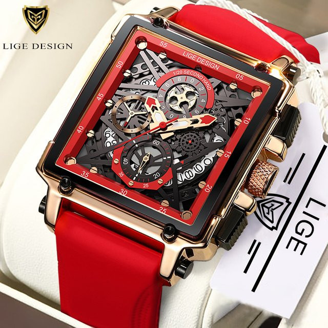 LIGE Armbanduhr, Quarz, Eckig, Silikonarmband, Herren, Schwarz - Bild 1