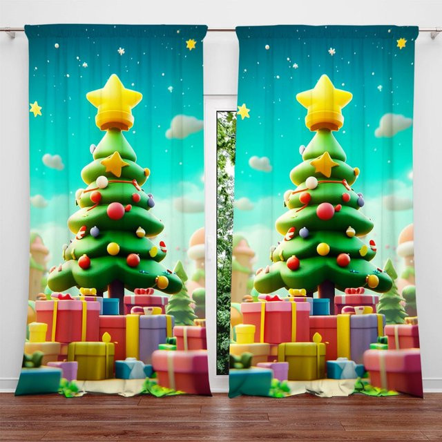 2er-Set Weihnachtsbaum Vorhang in Blau mit grafischem Print für deine Heimdekoration, B: 52,5 cm, H: 116 cm - Bild 1