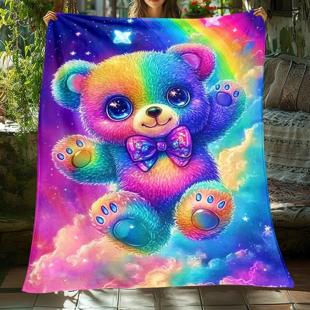 JMG Household Supplies Regenbogenbär Fleece-Decke mit Galaxie-Design, weiche Flanell-Kuscheldecke in Mehrfarbig, B/B: 70 x 100 cm - Bild 1