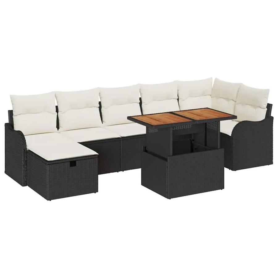 vidaXL Garten-Sofa-Set aus Polyrattan in Schwarz, 8-teiliges L-Shape Lounge-Set mit Kissen, Eckelement, Ottoman und Couchtisch aus Akazienholz - Bild 2