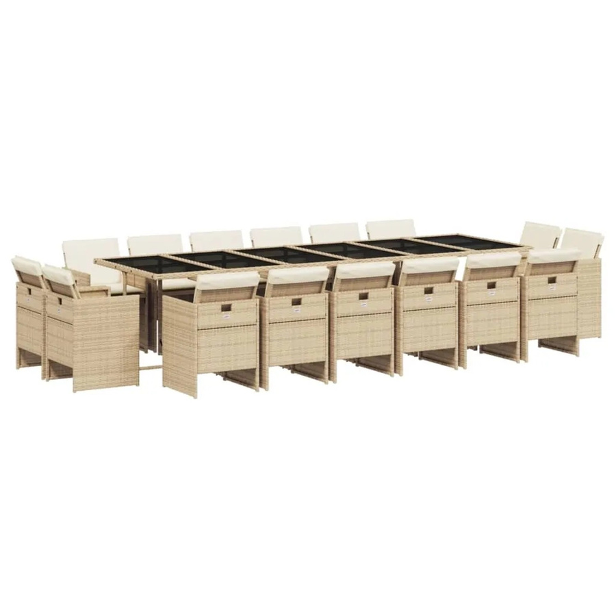 vidaXL 17-teilige Garten-Essgruppe aus Poly Rattan mit Kissen in Beige und Cremeweiß mit Hartglas-Tischplatte - Bild 2