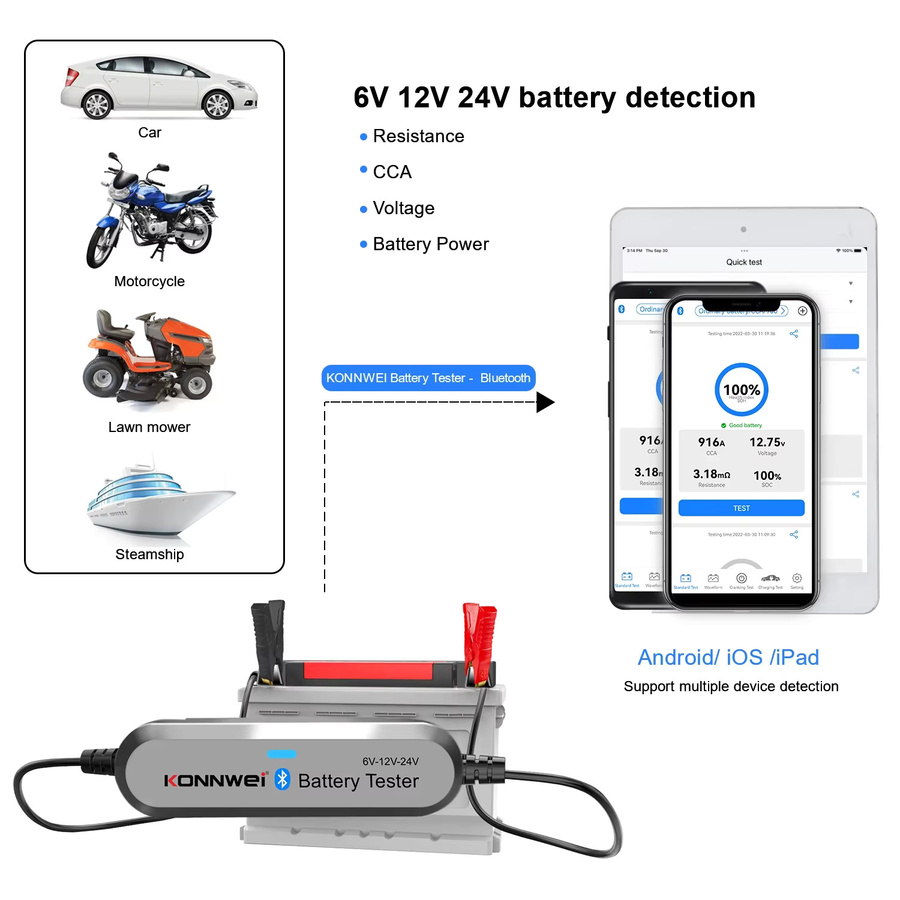 KONNWEI BK200 Bluetooth 5.0 Batterietester für Auto und Motorrad, Wellenformmonitor für 6V 12V 24V, Lade- und Starttestgerät mit 100-2000 CCA, Schwarz - Bild 4