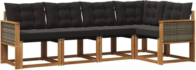 vidaXL Outdoor-Sofagarnitur in L-Form aus massivem Akazienholz mit Textilene und 5 Kissen, Natur-Schwarz - Bild 1