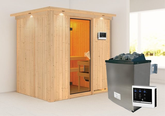 Karibu Sauna-Set Bjarne mit 9 kW Edelstahl-Ofen, Dachkranz und Ganzglastür in Bronze, B/T/H: 196 x 151 x 202 cm - Bild 1