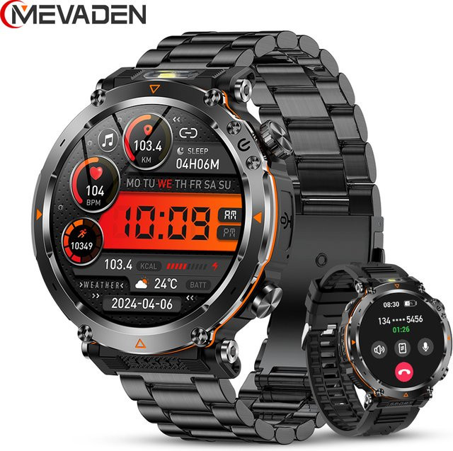 MEVADEN Smartwatch MD57 Outdoor-Sportkompass mit 1,7 Zoll Display, Bluetooth Anruf und Taschenlampe, Schwarz/Orange - Bild 1