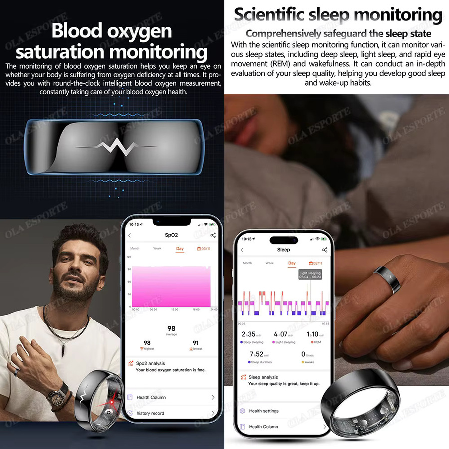 Ola Esporte Smart Ring Schwarz mit EKG, Herzfrequenz, Blutdruck, Sauerstoffgehalt und Schlafüberwachung für Unisex - Bild 5