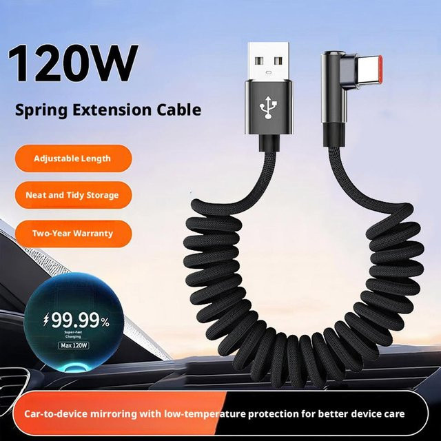 120W USB Typ-C Schnelllade-Spiralkabel in L-Form mit 90-Grad-Stecker, einziehbares Federkabel für Auto, Gaming und Mobiltelefone, Schwarz - Bild 1