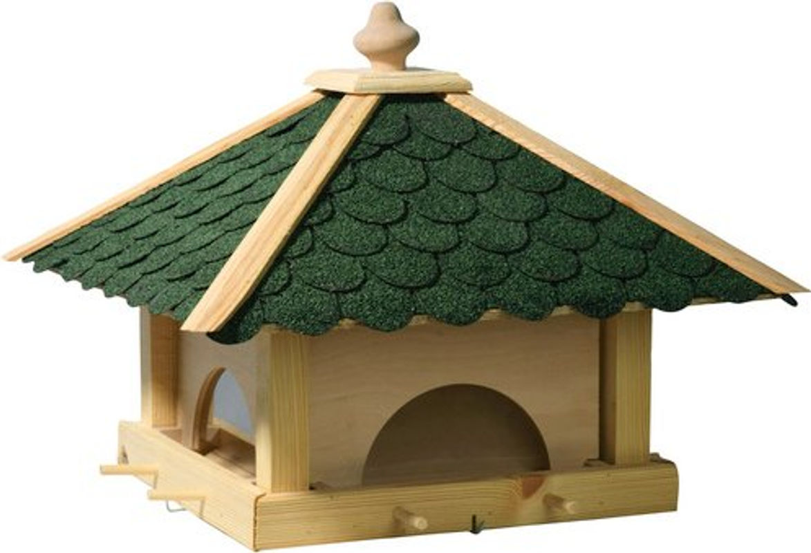 dobar Futterhaus für Wildvögel aus Kiefernholz mit grünen Bitumenschindeln, Anflugstangen und 4 Futterbehältern in Natur/Grün-Beige - Bild 2
