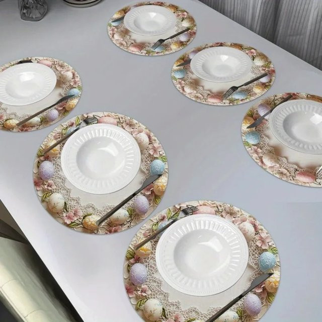 VIKAMA Tischsets 4er-Set mit Osterei-Motiv und floralem Design, rund, mehrfarbig, aus Leinen, rutschfest und hitzebeständig - Bild 1