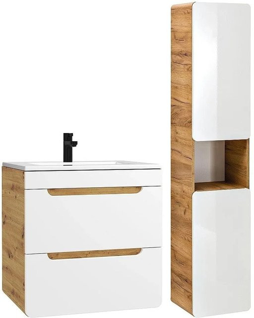 Vente-unique Badmöbel-Set Aruba in Naturfarben Hell und Weiß mit Waschbeckenunterschrank, Einbauwaschbecken und Badhochschrank, Breite: 60 cm - Bild 1