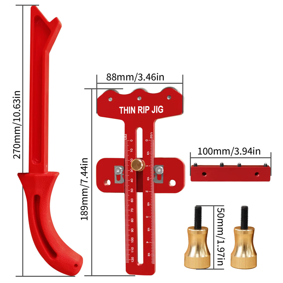 FNICEL Rip-Tischsägenlehre für schmale Streifenschnitte mit 3 Riemenscheiben und Push-Stick-Set in Rot - Bild 3