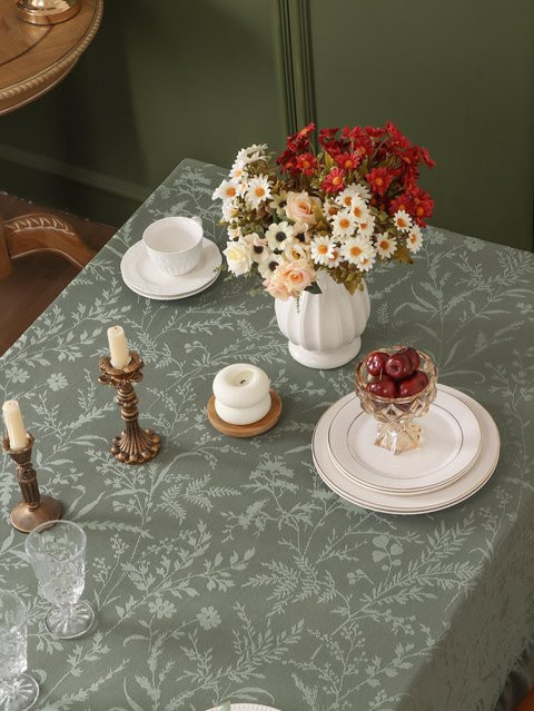 Beau Maison Tischdecke mit Spitzenrüschen in Grün, Rustikaler Stil mit floralem Muster, B/T: 140 x 180 cm - Bild 1