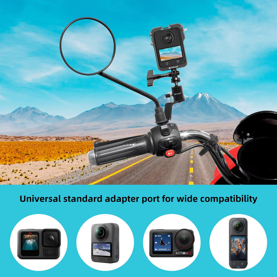 PULUZ Motorrad-Rückspiegelhalterung aus Aluminiumlegierung in Schwarz für GoPro Hero13 Black, DJI Osmo Action 5 Pro und Insta360 - Bild 4