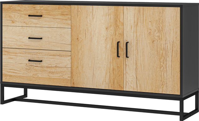 HOMCOM Buffet Aufbewahrungsschrank in Naturholz mit 3 Schubladen und verstellbarem Regal, Farbe: Braun, B/T/H: 140 x 35 x 75 cm - Bild 1