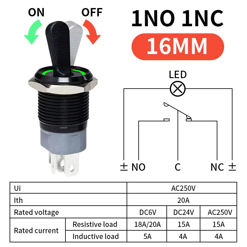 VaneAims Metall-Kippschalter mit LED-Licht, wasserdicht, selbstsichernd, 2 Positionen (Ein/Aus), 15 A, 12 V / 220 V, Silber - Bild 2