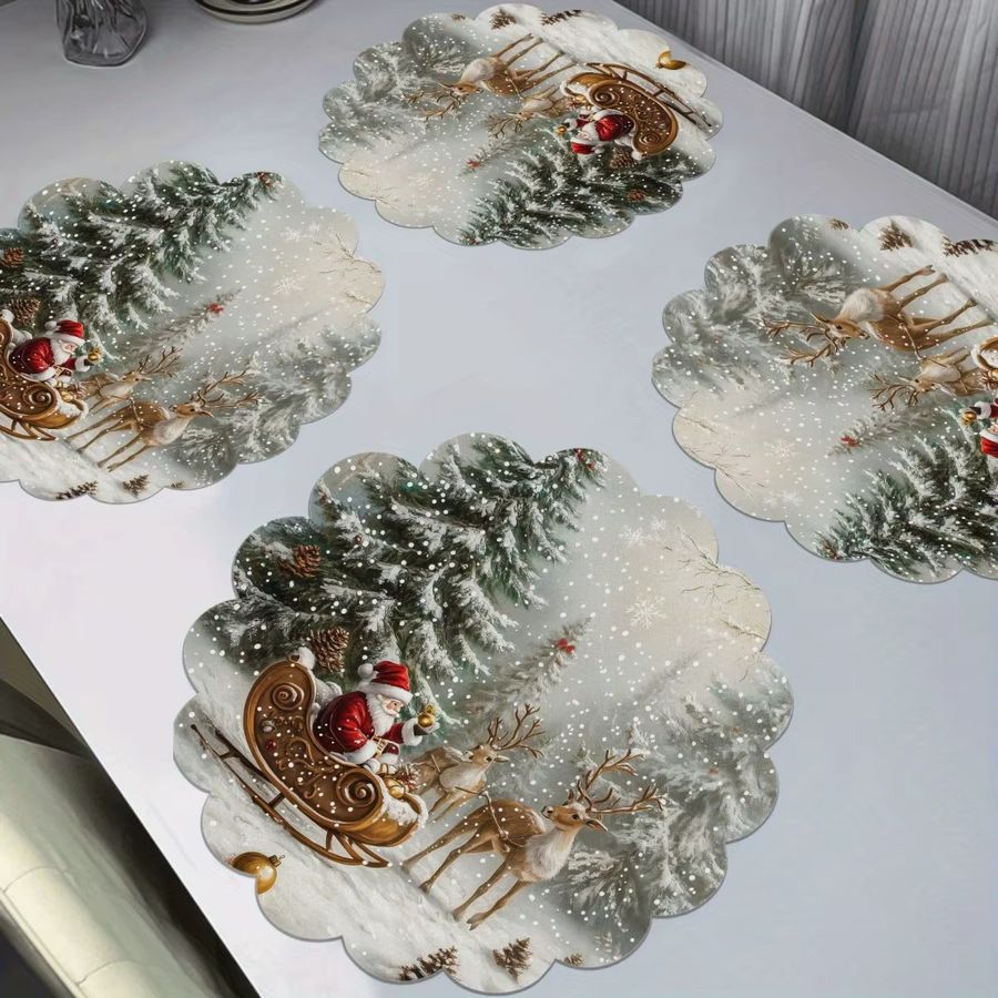 VIKAMA 4er Set Tischsets mit Weihnachtsmann, Schlitten und Rentier Motiven in runder Form für deine Weihnachtsdekoration - Bild 2