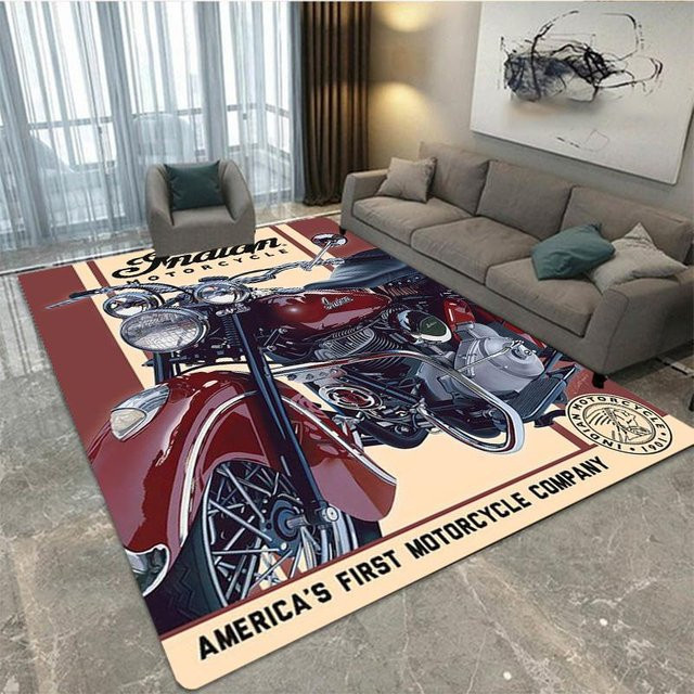 Retro-Plüschteppich mit Indian Motorcycles-Motiv aus Polyester, Mehrfarbig, B/T: 120 x 80 cm - Bild 1