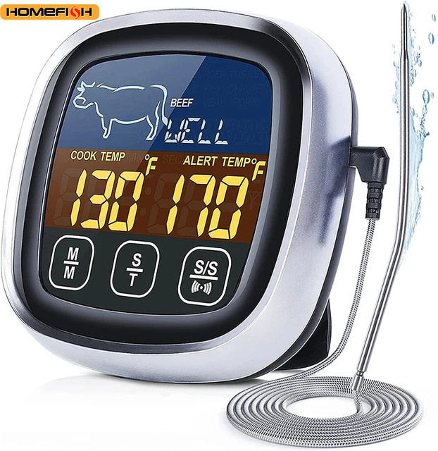 HOMEFISH Digitales Fleisch-Küchenthermometer aus Edelstahl in Silber mit Digitalanzeige, wasserdicht für Ofen, Kochen und Grillen - Bild 1