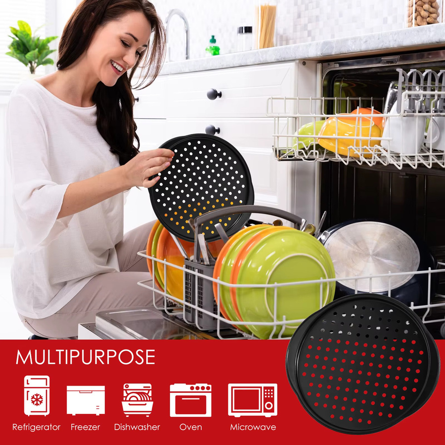 2 Stück Willstar Pizza Tabletts aus Kohlenstoffstahl, Antihaft-Backbleche mit Löchern und Griffen, Schwarz, Durchmesser: 35,56 cm - Bild 5