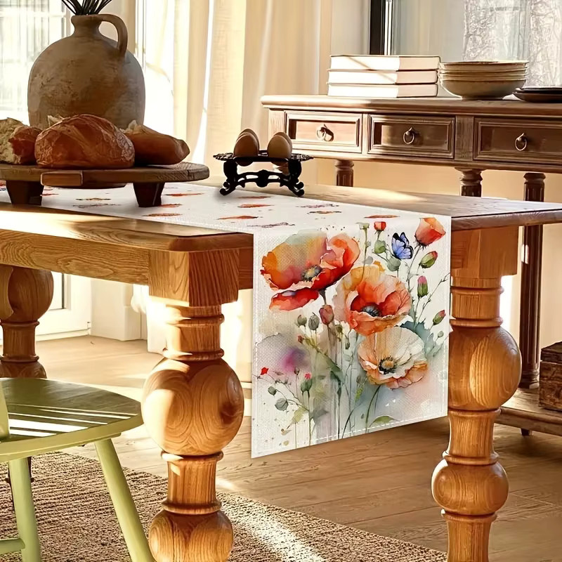VIKAMA Tischläufer mit Aquarell-Mohnblumen und Schmetterlingen, wasserabweisender Polyester-Tischläufer im Landhausstil, Mehrfarbig, B: 90,0 cm, T: 33,0 cm - Bild 2