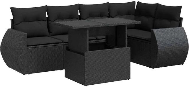 vidaXL 6-tlg Garten-Sofagarnitur in L-Form aus schwarzem Poly-Rattan mit Kissen und pulverbeschichtetem Stahlgestell - Bild 1