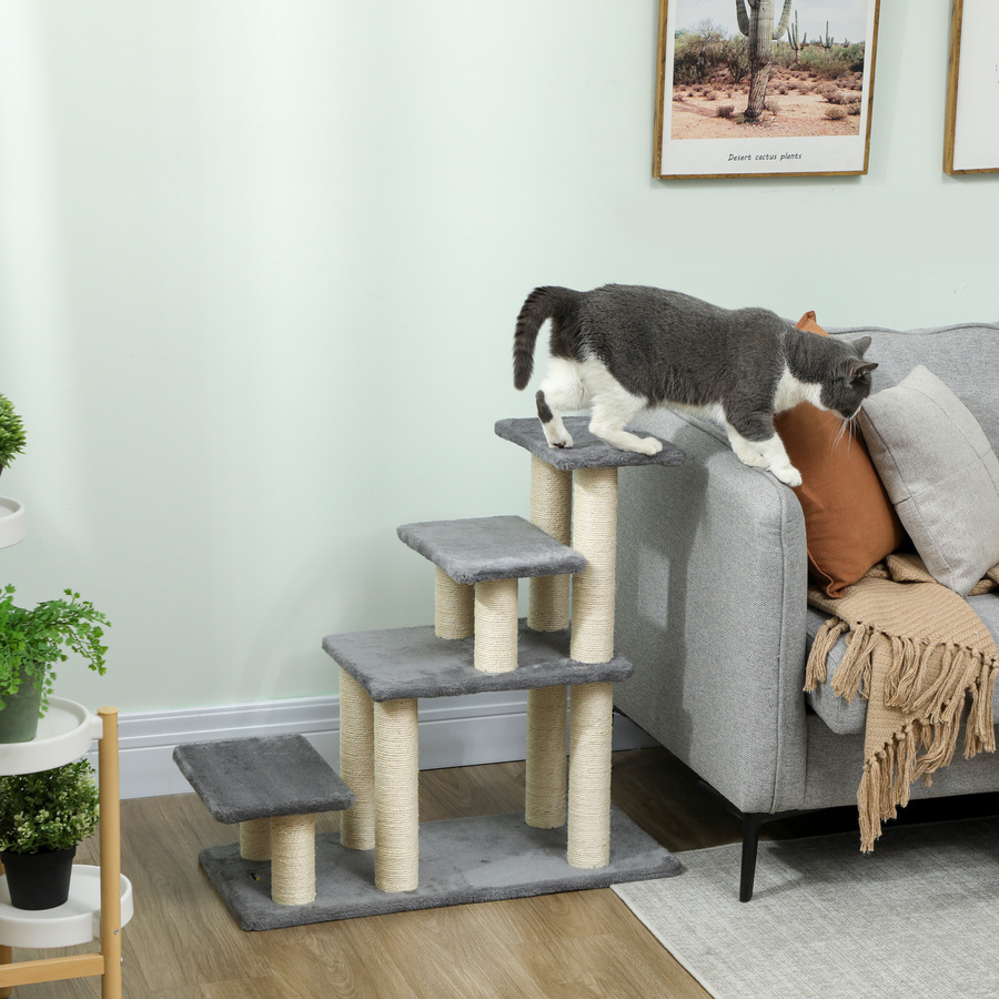 PawHut Verstellbare Haustiertreppe mit 3 oder 4 Stufen in Grau von Aosom mit Sisal-Kratzsäulen und Spielball für Katzen und Hunde - Bild 2