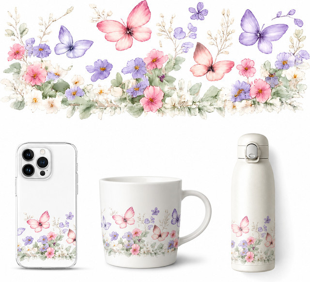 UV DTF Transferaufkleber mit Aquarell Schmetterling und Blumen in Rosa und Lila für Tassen, Wasserflaschen und Handyhüllen - Bild 1