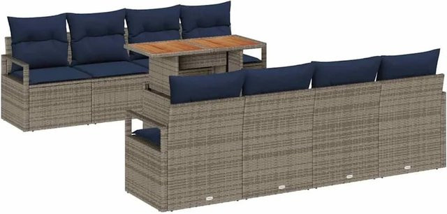 vidaXL Garten-Sofa-Set 9-teilig in U-Form mit Kissen und Tisch, Grau und Marineblau - Bild 1