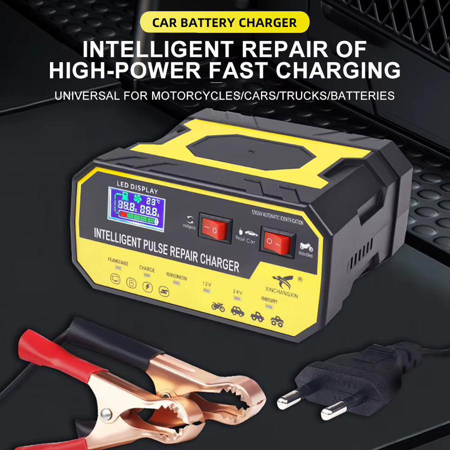 Intelligentes Auto Batterie Ladegerät mit Spannung und Temperatur Erkennung sowie Puls Reparatur Funktion für RV, SUV, Motorrad und Lkw in Gelb - Bild 2