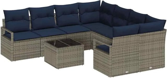 vidaXL 9-tlg. Lounge-Sofa Set aus Poly Rattan in Grau und Marineblau mit Kissen und Tisch - Bild 1