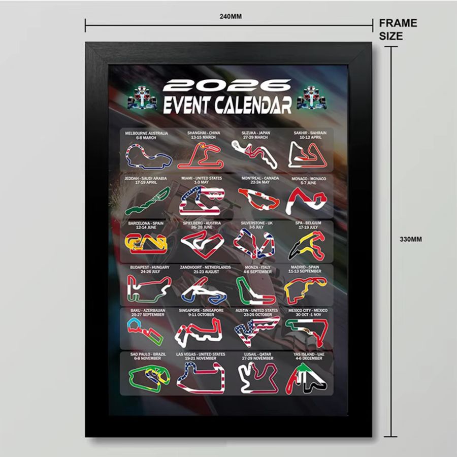 Formel Racing Event Kalender Poster 2026 mit Track Layouts und Nationalflaggen Wandkunstdruck von SHENCHEN, Multicolor, H: 33,0 cm, B: 24,0 cm - Bild 5