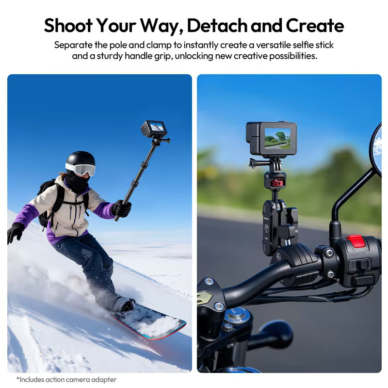 Ulanzi VL03 Motorrad Invision Selfie Stick Halter mit Dual Super Clamp in Schwarz für DJI Pocket 3, Insta 360 und GoPro Action Kameras - Bild 2
