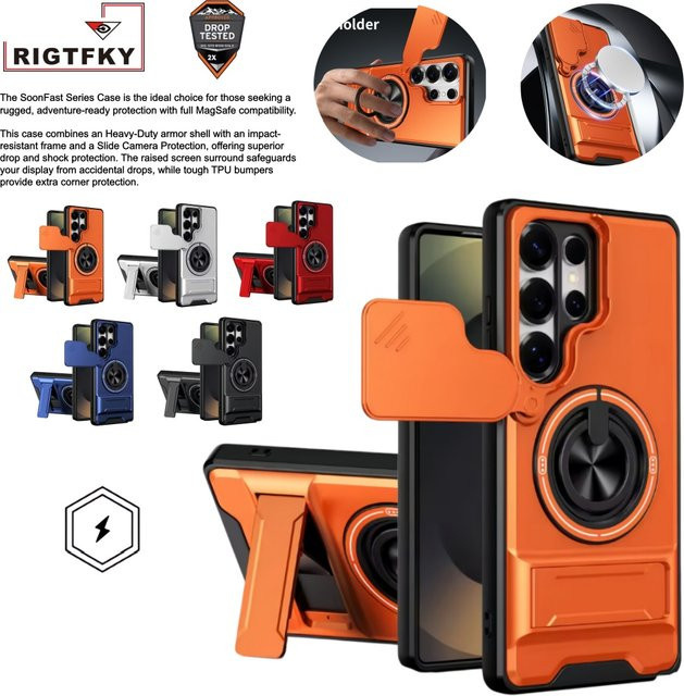 Stoßfeste Panzer-Handyhülle für Samsung Galaxy S26 Ultra S25 S24 S23 S22 S21 FE mit Kameraschutz, Ständer und Magnetverschluss in Orange - Bild 1