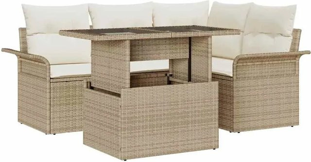 vidaXL 5-teiliges Garten-Sofa-Set aus Poly Rattan in Beige mit Kissen und Tisch im L-Shape Design - Bild 1