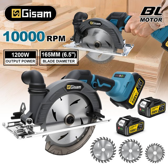 Gisam Bürstenlose Akku-Kreissäge Blau, 165 mm Durchmesser, 10000 RPM, kompatibel mit Makita 18V LXT Akkus - Bild 1