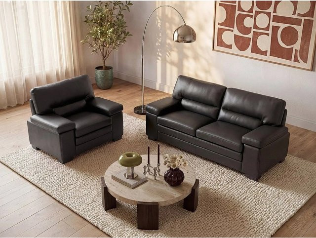 Vente-unique Couchgarnitur Mimas aus Kunstleder in Schwarz bestehend aus 3-Sitzer-Sofa, 2-Sitzer-Sofa und Sessel mit Breite: 210 cm - Bild 1