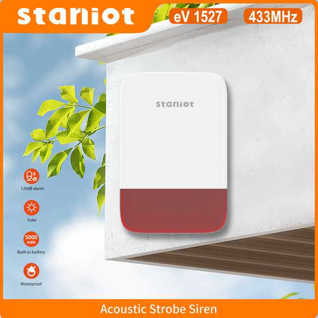 Staniot Kabellose Stroboskop-Sirene in Weiß mit 120dB Lautstärke, 5000mAh Akku und Solarpanel-Unterstützung, wasserdicht für Innen und Außen - Bild 1