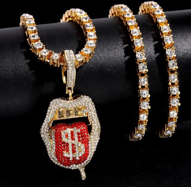 Wucifang Jewelry Halskette, Lippenform, Dollar Zunge Anhänger, Gold, Kristall, 46cm, Damen - Bild 1