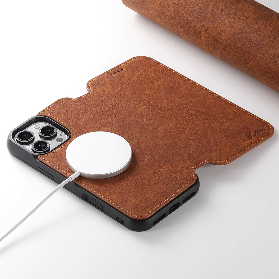 Suteni Flip-Cover Telefonhülle aus Kunstleder mit Kartenhalter und Ständer für iPhone 17 Pro Max 16 Plus 15 14 13 12 in Beige und Braun - Bild 3