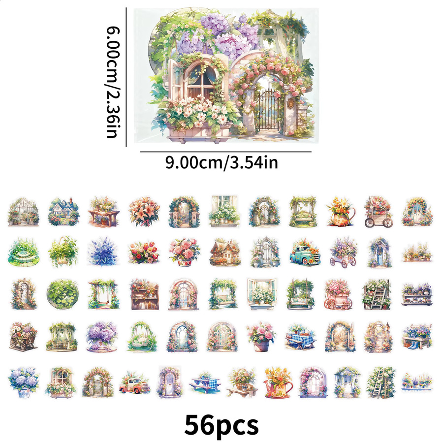 56 Stück Cartoon Aufkleber Set mit Blumen und Cottage Motiven für Scrapbooking und DIY Dekoration in Multicolour - Bild 2
