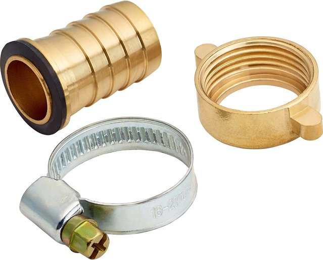 Schlauchverbinder aus Messing 19 mm (3/4 Zoll) mit Verschraubung, Tülle und Schelle in Gold - Bild 1