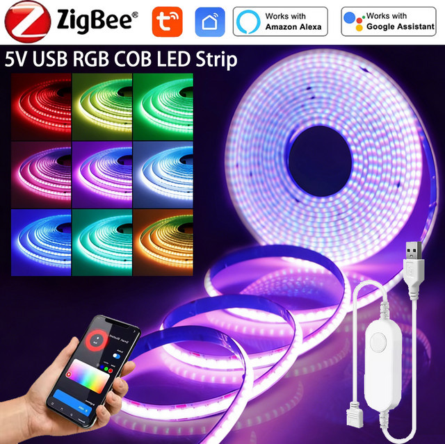 YSRSAI Zigbee Tuya Smart RGB COB LED-Streifen mit USB-Anschluss, dimmbar und kompatibel mit Alexa und Google Assistant, Multicolour - Bild 1