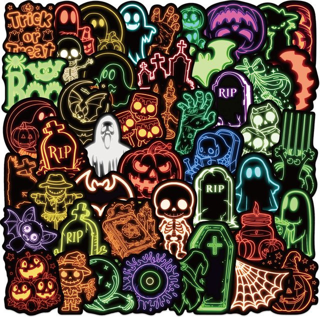 50-teiliges Set Neon-Halloween-Aufkleber in Multicolour von Anime Worlds Store für Handrechnungen, Gepäck und Handyhüllen - Bild 1