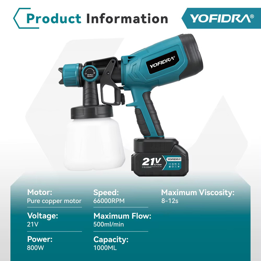 YOFIDRA Elektrische Spritzpistole Kabellos mit 1000 ml Behälter für Makita 21V Akku, Akku-Sprühgerät für Auto-Stahlbeschichtung und Airbrush-Anwendungen - Bild 6