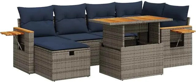 vidaXL 7-tlg. Garten-Sofagarnitur aus Poly-Rattan und Akazienholz in Grau mit Kissen - Bild 1