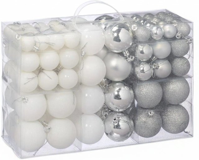 Relaxdays Weihnachtskugeln aus Kunststoff in Silber und Weiß glitzernd, 100er Pack - Bild 1