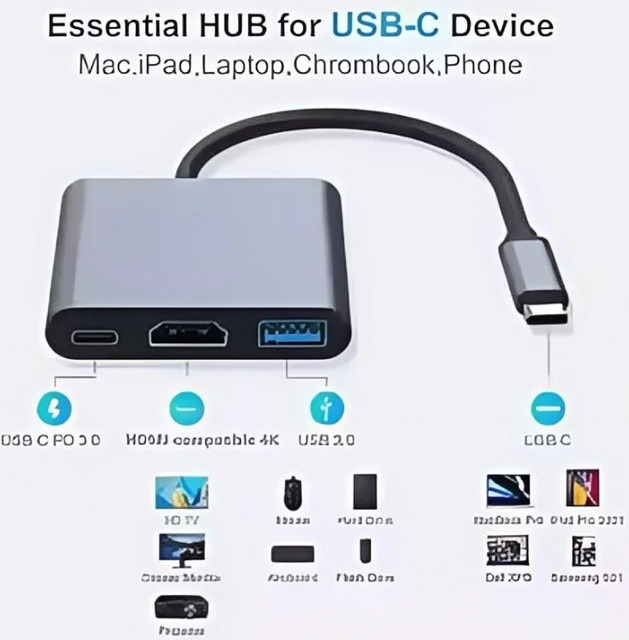 3 in 1 USB-C Hub mit 4K HDMI und USB 3.0 PD Schnellladefunktion in Silber/Grau für MacBook - Bild 1