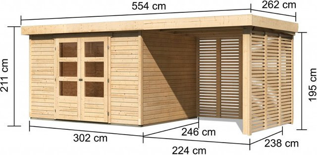 Karibu Gartenhaus ASKOLA 5 aus nordischer Fichte mit Anbaudach und Feuerholzoption, Pultdach, braun, B: 302 cm, T: 246 cm, H: 195 cm - Bild 1