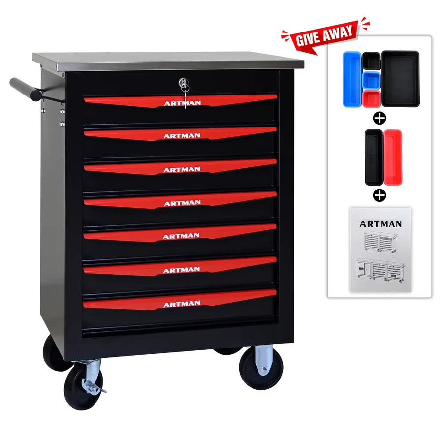 BLACK&RED Werkzeugwagen aus Metall mit 7 Schubladen und Edelstahldach, Schwarz & Rot, B/T/H: 78,0 x 56,5 x 34,5 cm - Bild 3