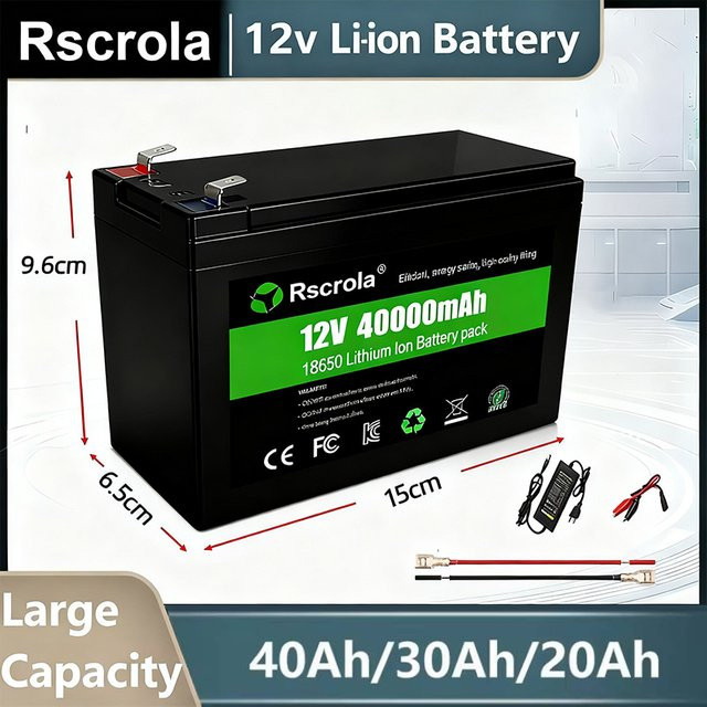 Rscrola 12V Lithium-Ionen-Akku 40Ah, wiederaufladbarer 18650 Akkupack in Schwarz für Sprühgeräte, Lautsprecher und Outdoor-Camping - Bild 1